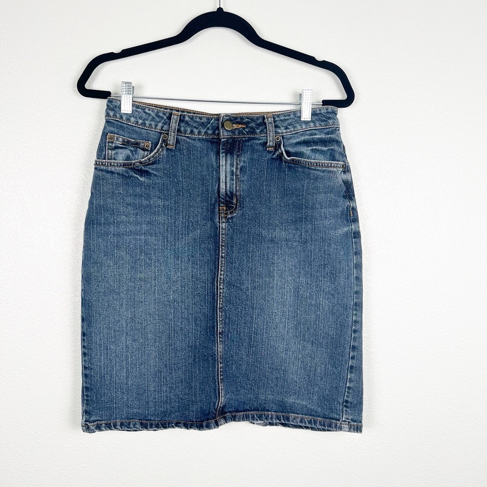 Garnet Hill Womens Denim Pencil Skirt Blue Size 10 Straight Knee Length Slit